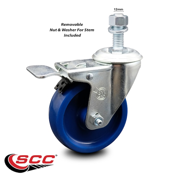 4 Inch Solid Polyurethane Swivel 12mm Stem Caster with Total Lock Brake SCC